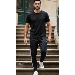 Adidas Black Track Pants with White Stripes, Size Small